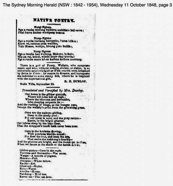 Native Poetry. Song composed by Wallati (Wollaje), translated by Mrs Eliza Dunlop, Wollombi 1848
